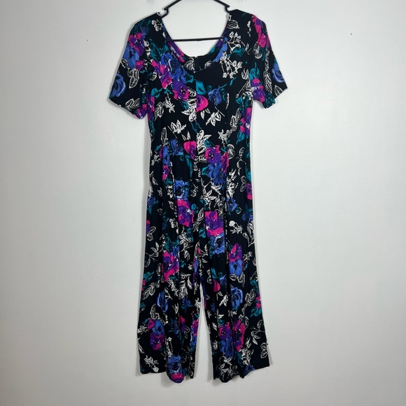 Vintage Aviva Floral Jumpsuit Wide Leg Womens Small USA Hawaii Maximalism Neon - Picture 1 of 16